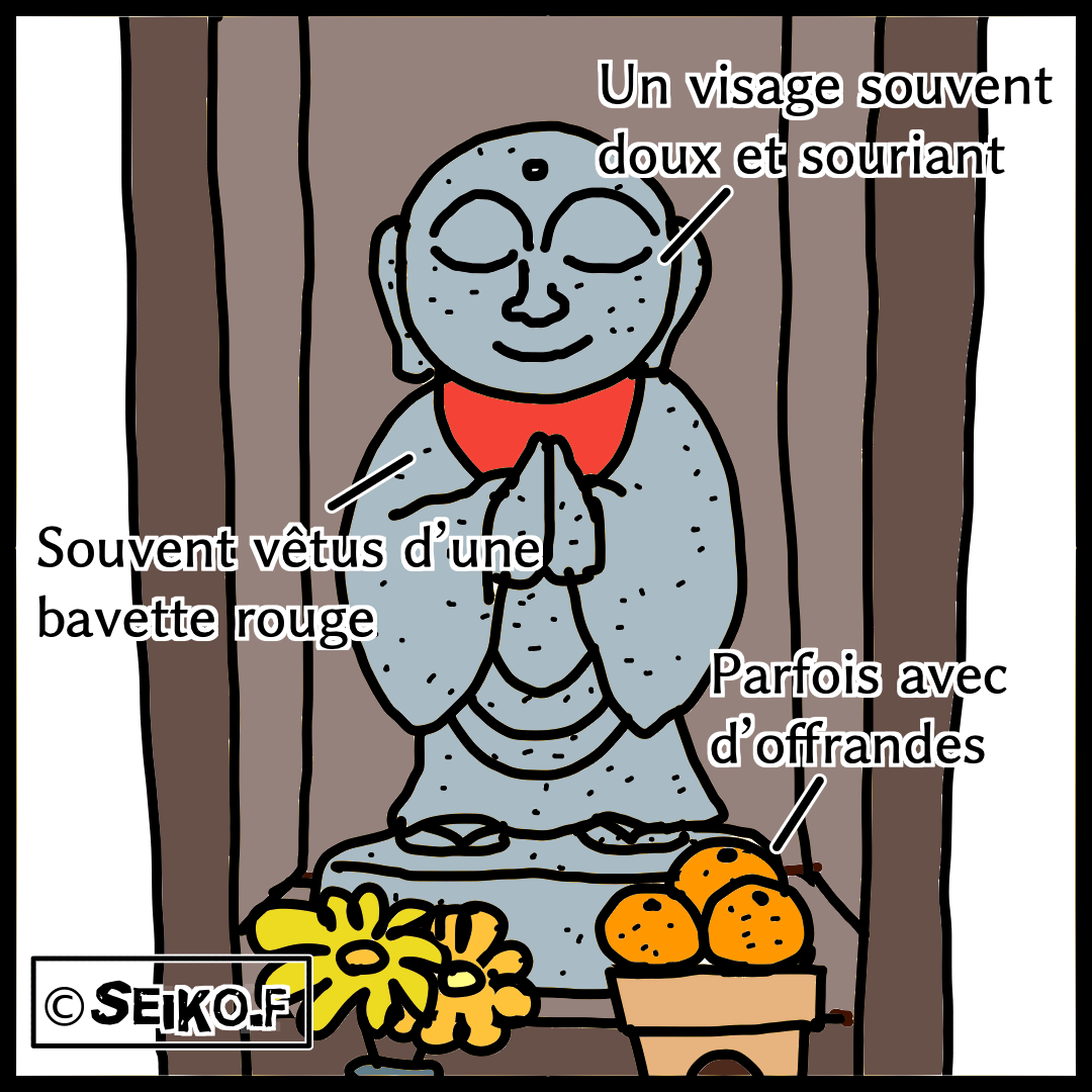 Statue de Jizō au Japon, petite statue souvent vue dans les rues japonaises, reconnaissable à sa bavette rouge, dont beaucoup de voyageurs ignorent la signification.